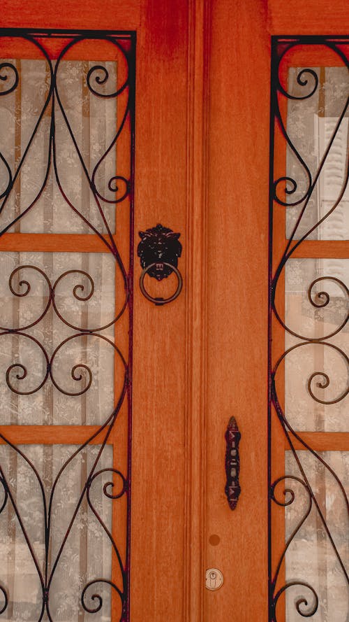 Closed wooden doors with forged ornament and metal knocker with handle at entrance of private house
