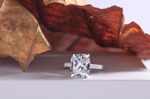 Free Close-up of an elegant diamond ring on a white surface with dried leaves, highlighting luxury and simplicity. Stock Photo