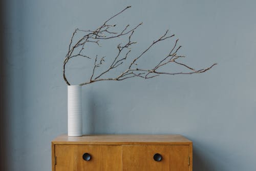 Free White Vase with Twigs on Wooden Table Stock Photo