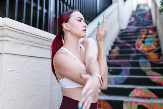 Woman in sportswear stretching outdoors on vibrant painted stairs, preparing for exercise.