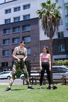 Two women in sportswear exercising outdoors on a grassy area in an urban setting.