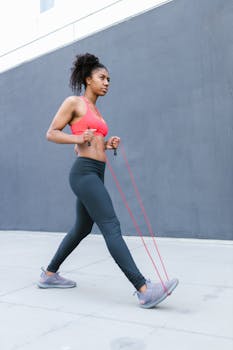 A black woman in activewear exercises outdoors using a resistance band, showcasing fitness and strength.