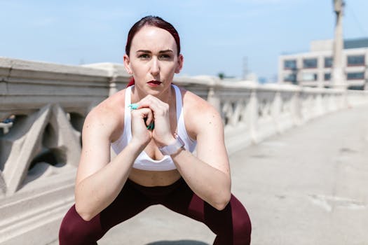 Woman in activewear performing a workout on an urban bridge, showcasing fitness and strength.