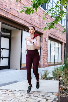 Young woman in activewear jogging outdoors promoting fitness and healthy lifestyle.