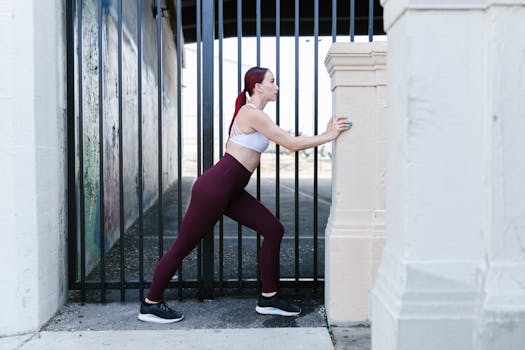 Woman performing a stretching exercise outdoors in activewear, emphasizing fitness and healthy living.