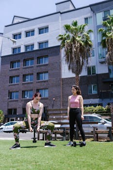 Two women performing a fitness workout with dumbbells in an urban setting outdoors.