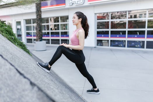 Asian woman stretching outside against a city backdrop, emphasizing fitness and healthy lifestyle.
