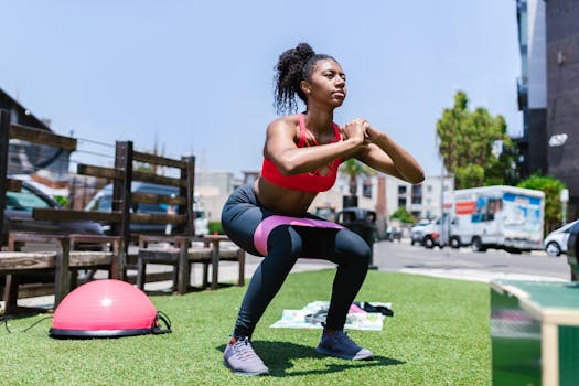 African American woman exercising with a resistance band outdoors.