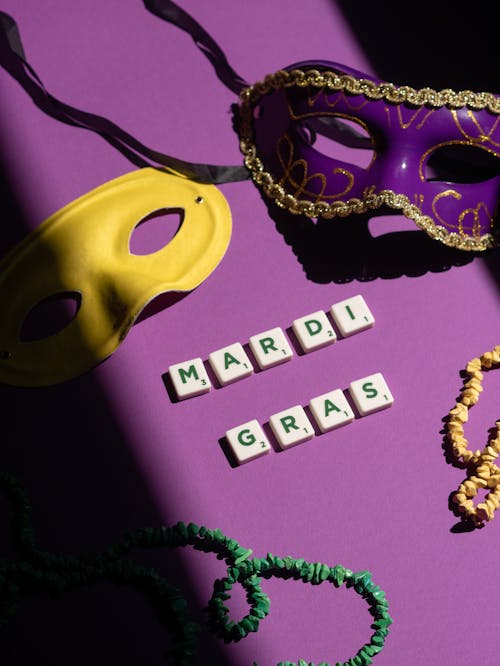 Mardi Gras Spelled Out in Scrabble Pieces