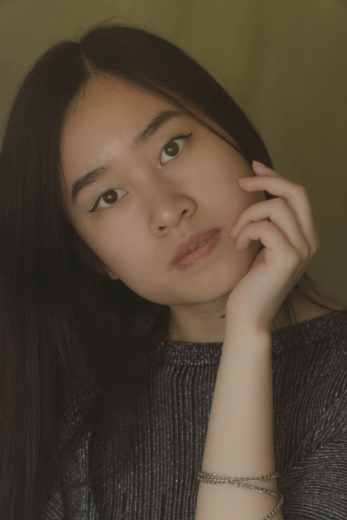 Free Close-up portrait of a young woman with long hair posing thoughtfully indoors. Stock Photo
