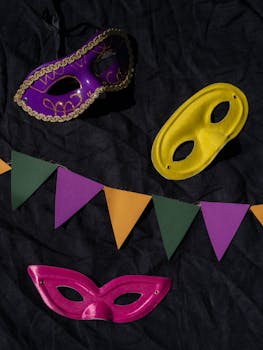 Bright carnival masks on a black background, perfect for festival themes.