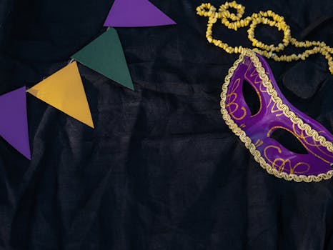 Close-up of a vibrant Mardi Gras mask with beads and colorful flags on a black background.