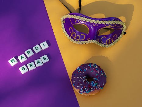 Purple masquerade mask and donut with sprinkles for a vibrant Mardi Gras celebration.