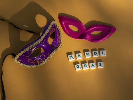 Vibrant Mardi Gras masks with tile letters spelling the celebration on a yellow background.