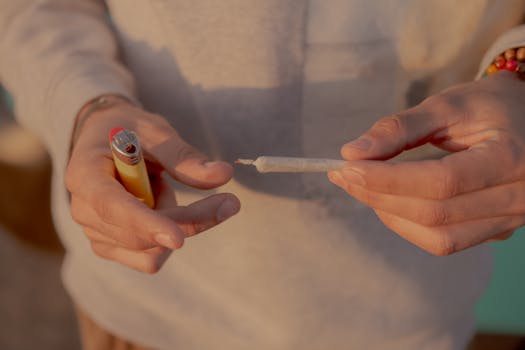 A close-up of hands holding a joint and lighter, ready to smoke.