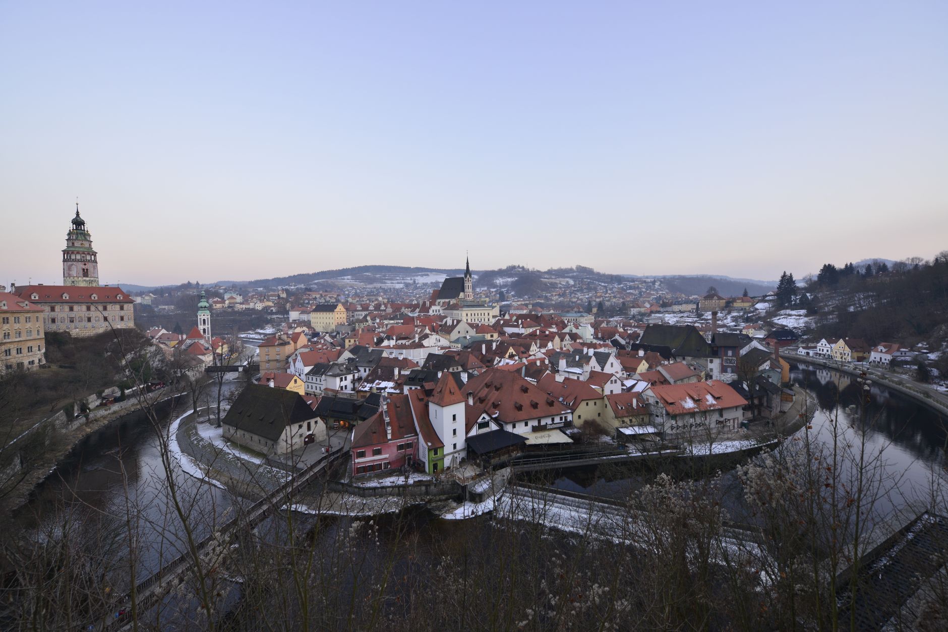 cesky krumlov vltava river horseshoe bend aerial czech republic panorama