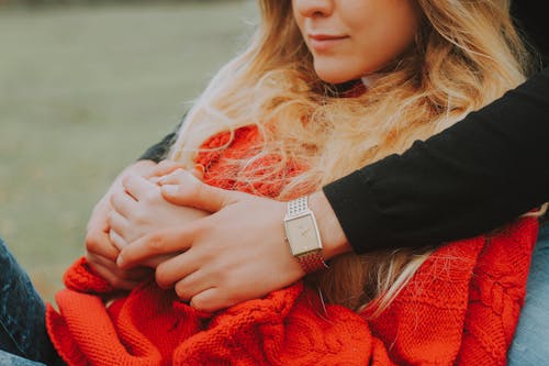 Woman Wearing Red Knit Jacket