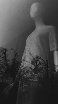 Black and white photo of a mannequin with street lamp and tree reflections, creating an abstract urban scene.