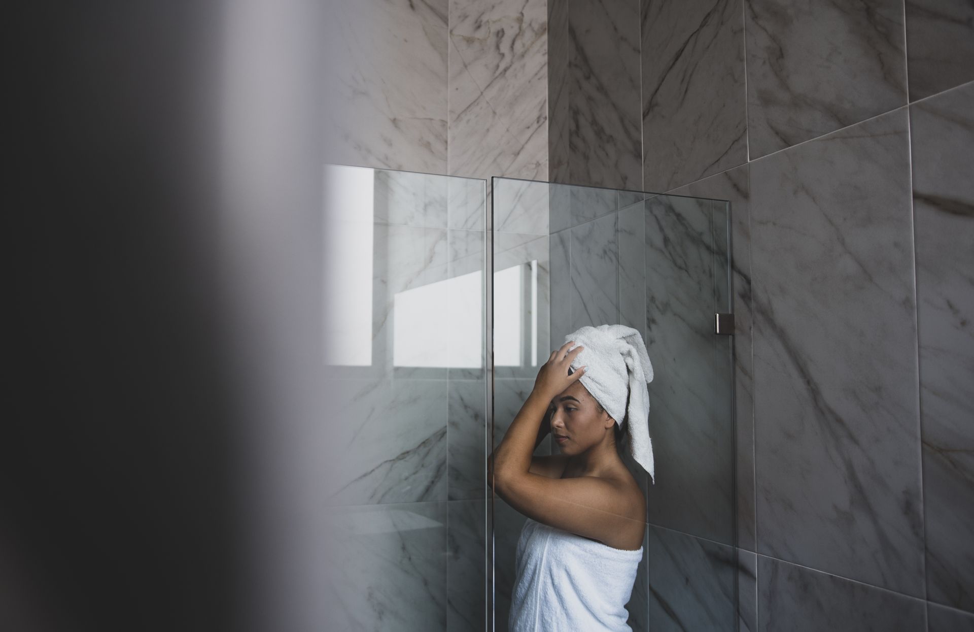 Woman in Towels in Home Shower