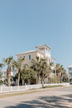 Beautiful beach house surrounded by palm trees on a sunny day.