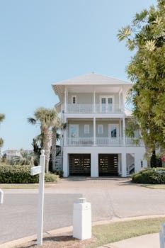 Elegant coastal house with palm trees and clear sky, perfect for real estate and architecture themes.