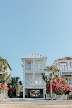A beautiful tropical house surrounded by palm trees and vibrant flowers.