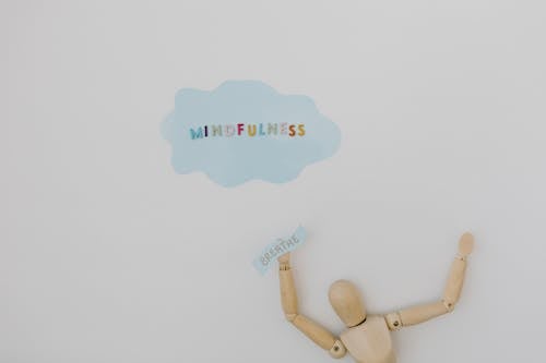 Wooden Figure and Mindfulness Word in Speech Bubble
