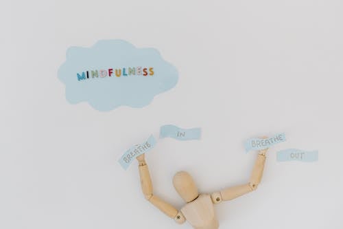 Wooden Figurine with Mindfulness Words Concept