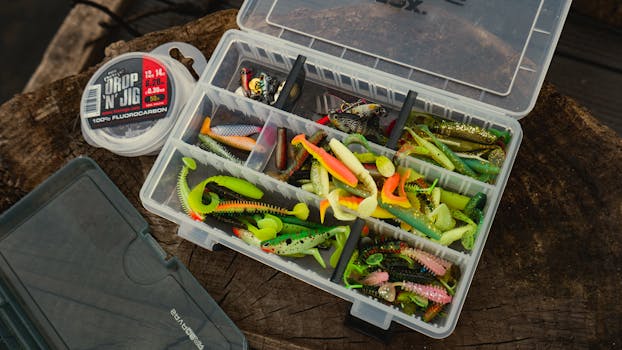 A top view of colorful fishing lures in an organized plastic box on a wooden surface outdoors.