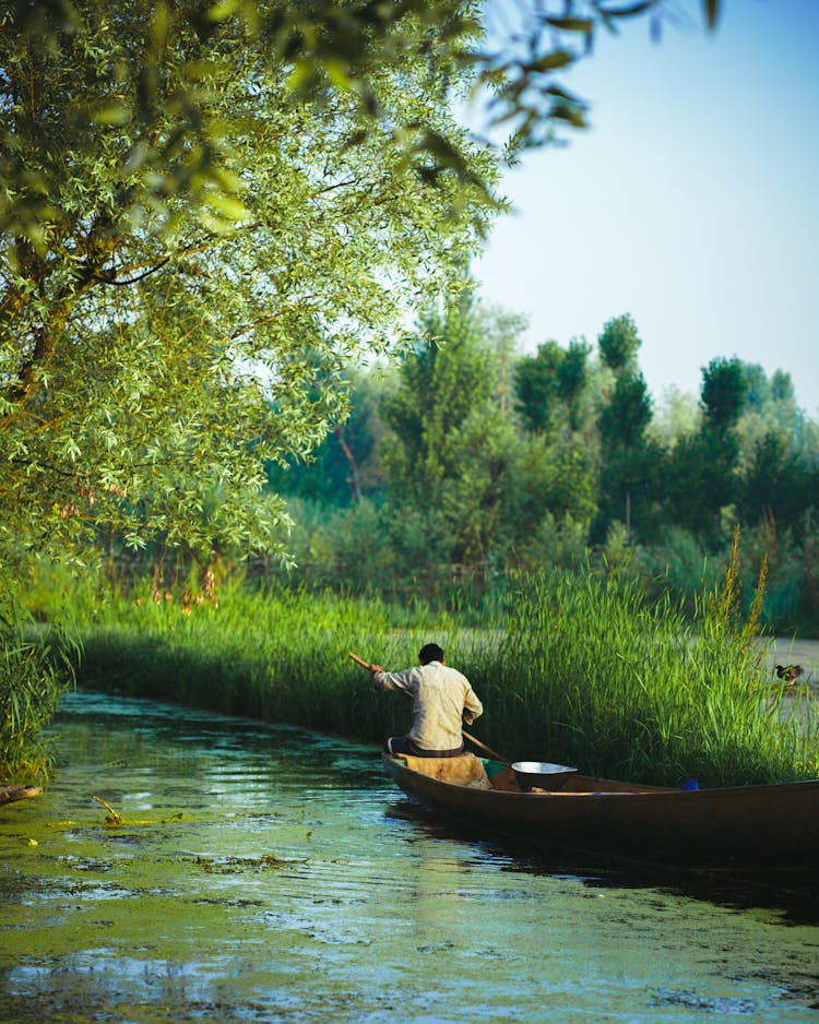 Man Paddling A Canoe In The Canal