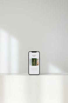 A sleek smartphone displaying a modern website, on a white shelf with a serene background.