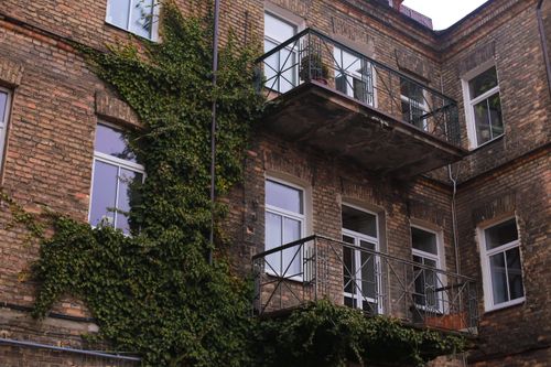 Free Exterior of a classic brick building with ivy-covered facade and wrought iron balconies. Stock Photo