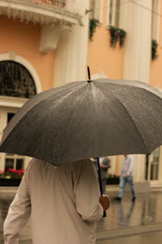 A person holds a black umbrella in a rainy urban setting, showcasing architectural background.