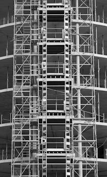 Abstract view of scaffolding on a building construction site in Ottobrunn, Germany.