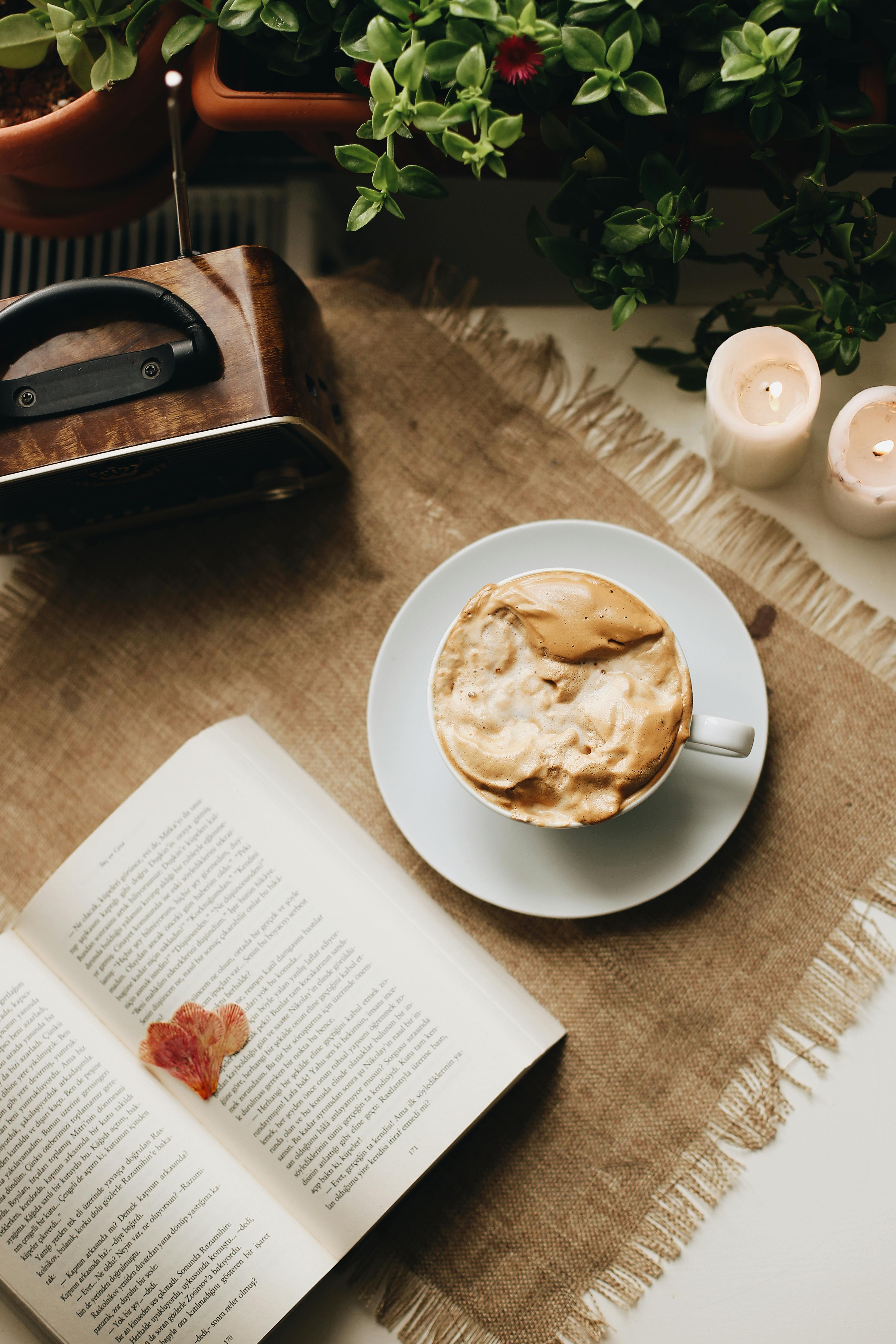 Free A serene setup featuring a cappuccino, open book, candles, and plants creating a cozy ambiance. Stock Photo