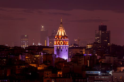 Stunning night view of the iconic Galata Tower in Istanbul, surrounded by city lights and skyscrapers.