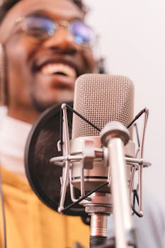 Close-up of a smiling singer recording with a microphone in a music studio setting.