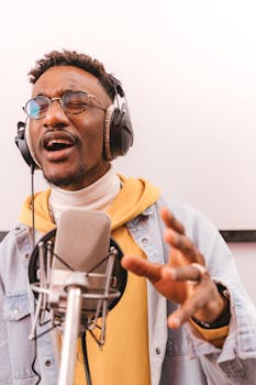 African American man passionately singing into a microphone in a recording studio.