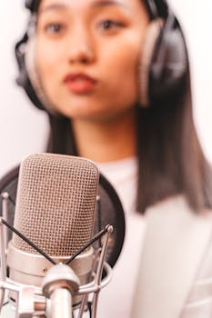 Woman recording music with a condenser microphone in a studio setting.