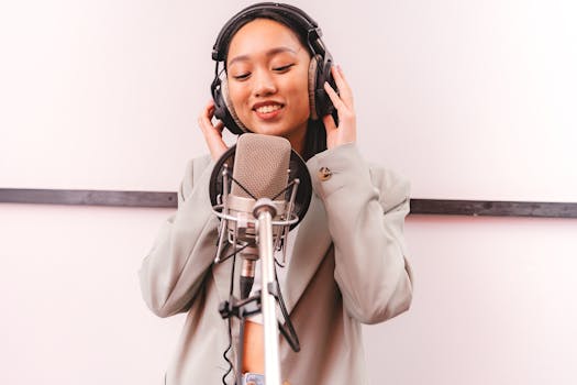 A female singer joyfully records vocals with condenser microphone in a music studio.