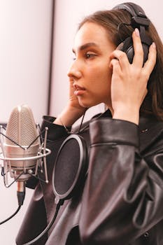 A woman wearing headphones and leather jacket recording vocals in a studio.