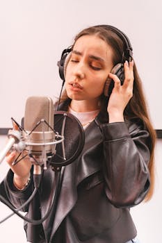 Confident young woman wearing headphones singing into microphone in studio.