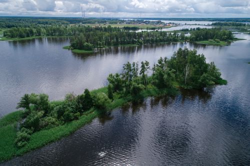 Free A breathtaking aerial landscape showing lush green islands surrounded by a calm lake under cloudy skies. Stock Photo