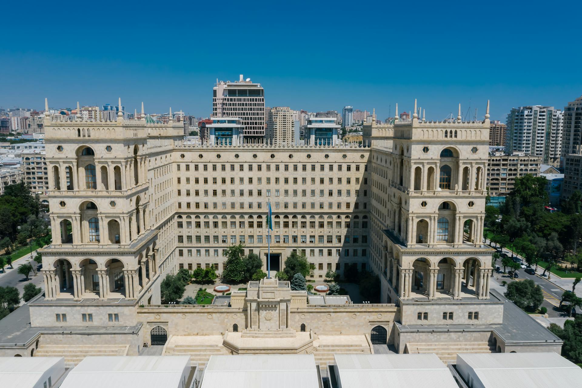 Aerial view of the Azerbaijan House of Government building in Baku, highlighting its grand architecture.