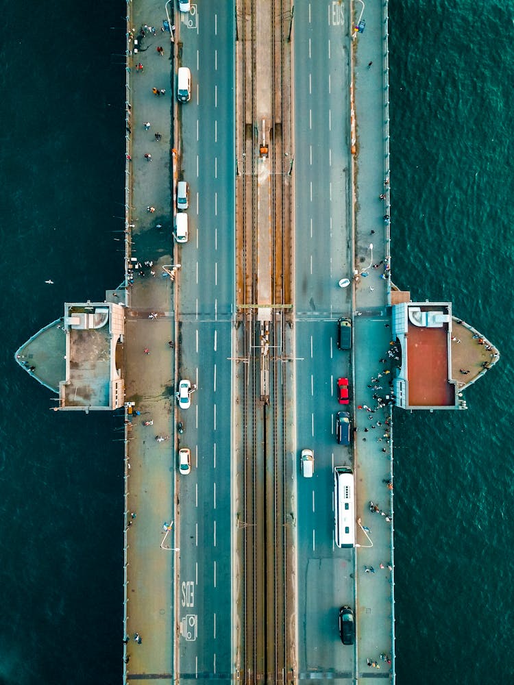 Aerial View Of Big Bridge For Transport And Pedestrians