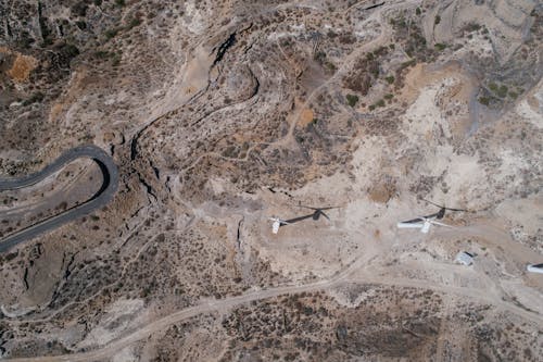 Wind Turbines on Desert in Birds Eye View