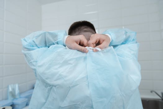 A healthcare professional seen from behind putting on a medical gown in a clinical setting.
