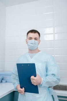 Medical professional in protective gear holding a clipboard indoors.
