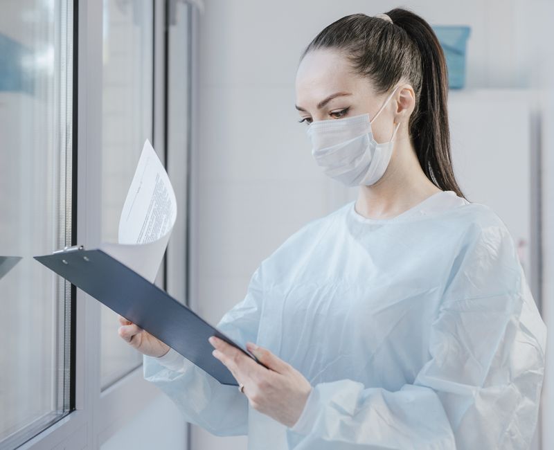 Nurse reviewing patient care documents in an office setting