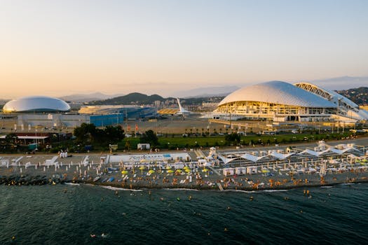 Drone shot of Sochi Olympic Park and beach, capturing the vibrant summer scene.